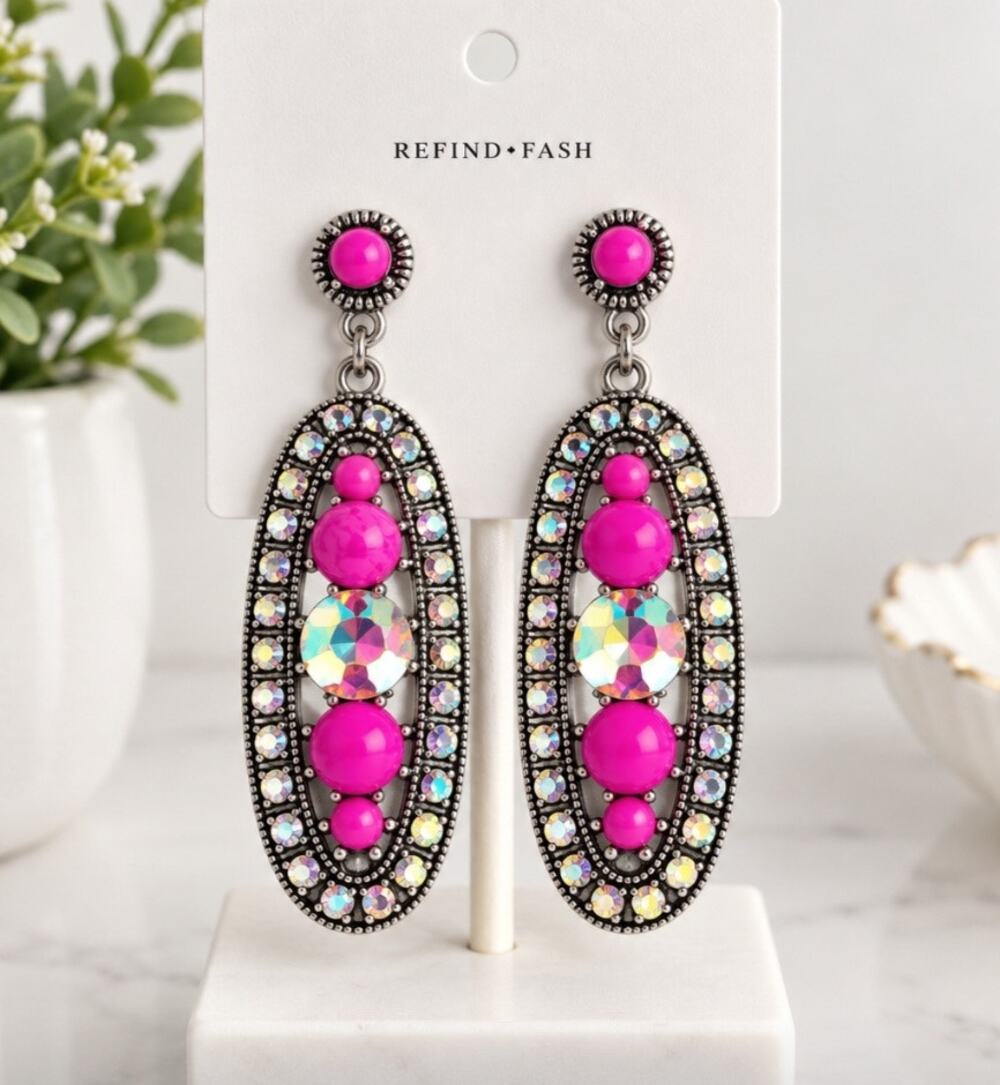 Pink Silver Oval Earrings With AB Stones New
